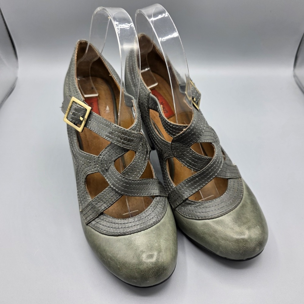 Miz Mooz‎ Soho Heels Womens 8 Green Leather Pumps Buckle Straps Art Academia